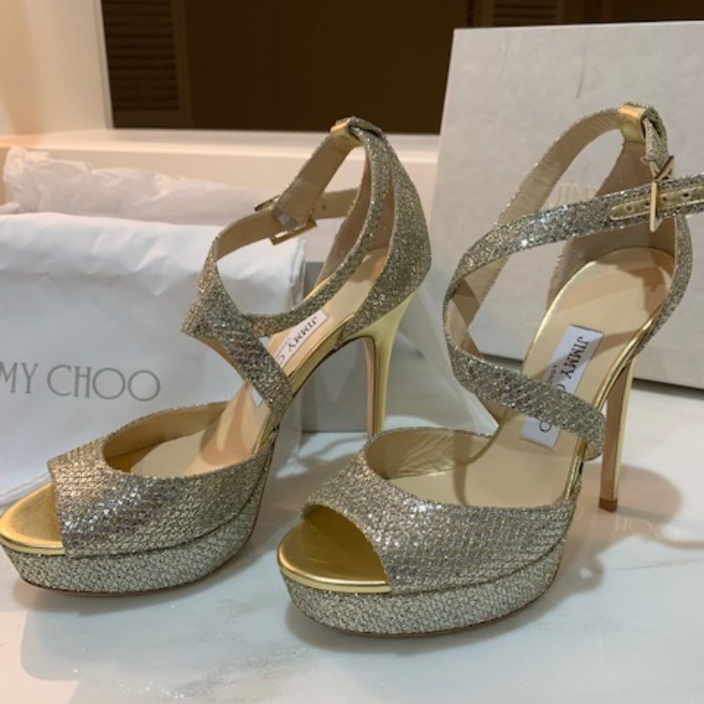 Jimmy Choo - Size 37.5 NWB Gold Glitter Lace Kuki Platform Ankle Strap Sandals